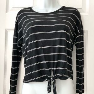Black and White Striped Tie-Front Long Sleeve Top